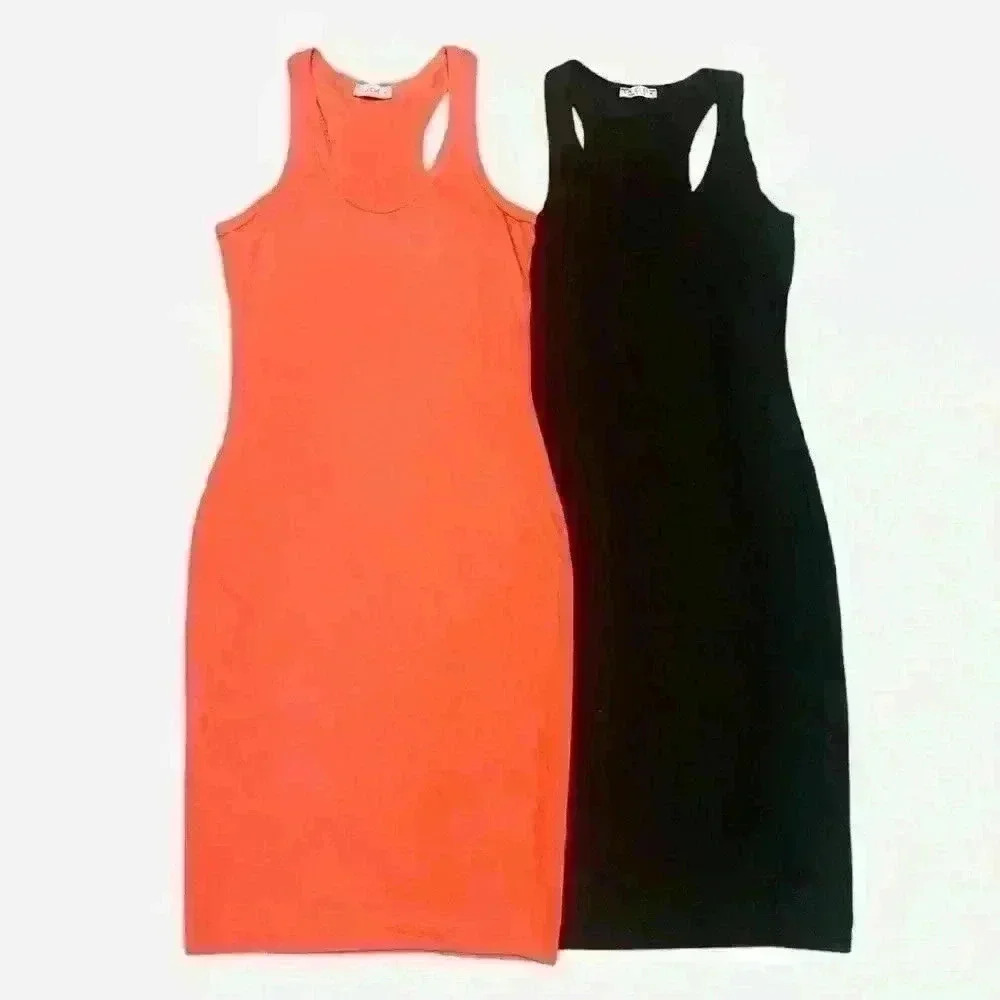 2 Bodycon, tank dresses. Size M Coral & Black. Racerback. 95% cotton